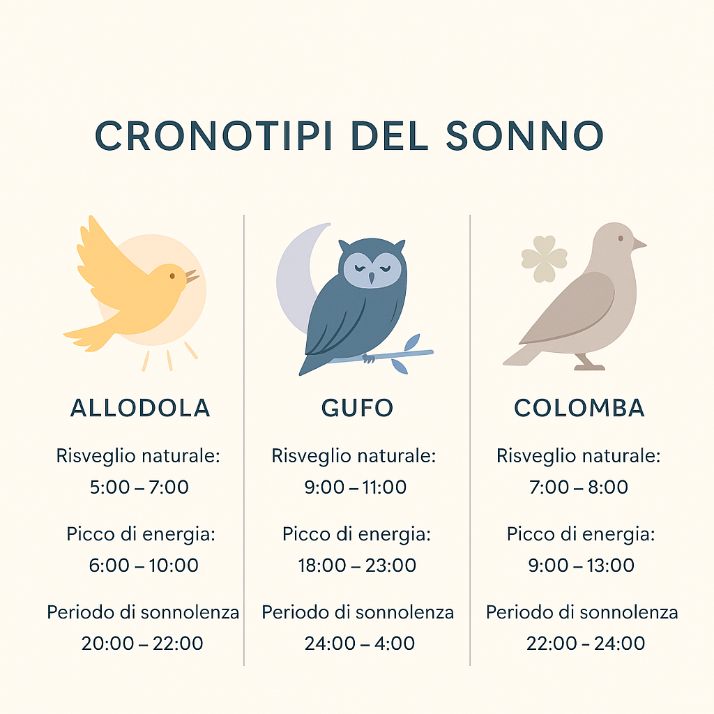 Grafico che confronta i cronotipi del sonno: allodola, gufo, colomba